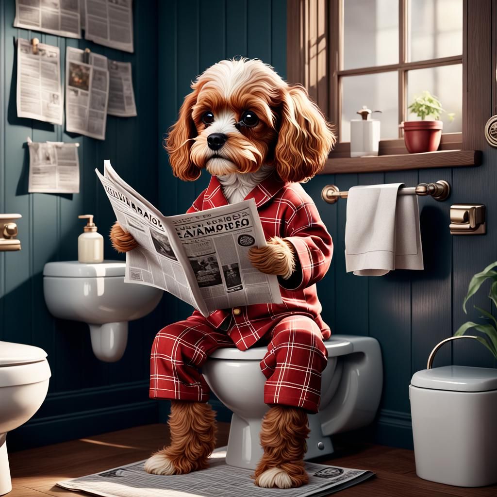 Cavapoo Reading Newspaper on Toilet: Fantasy Concept Art