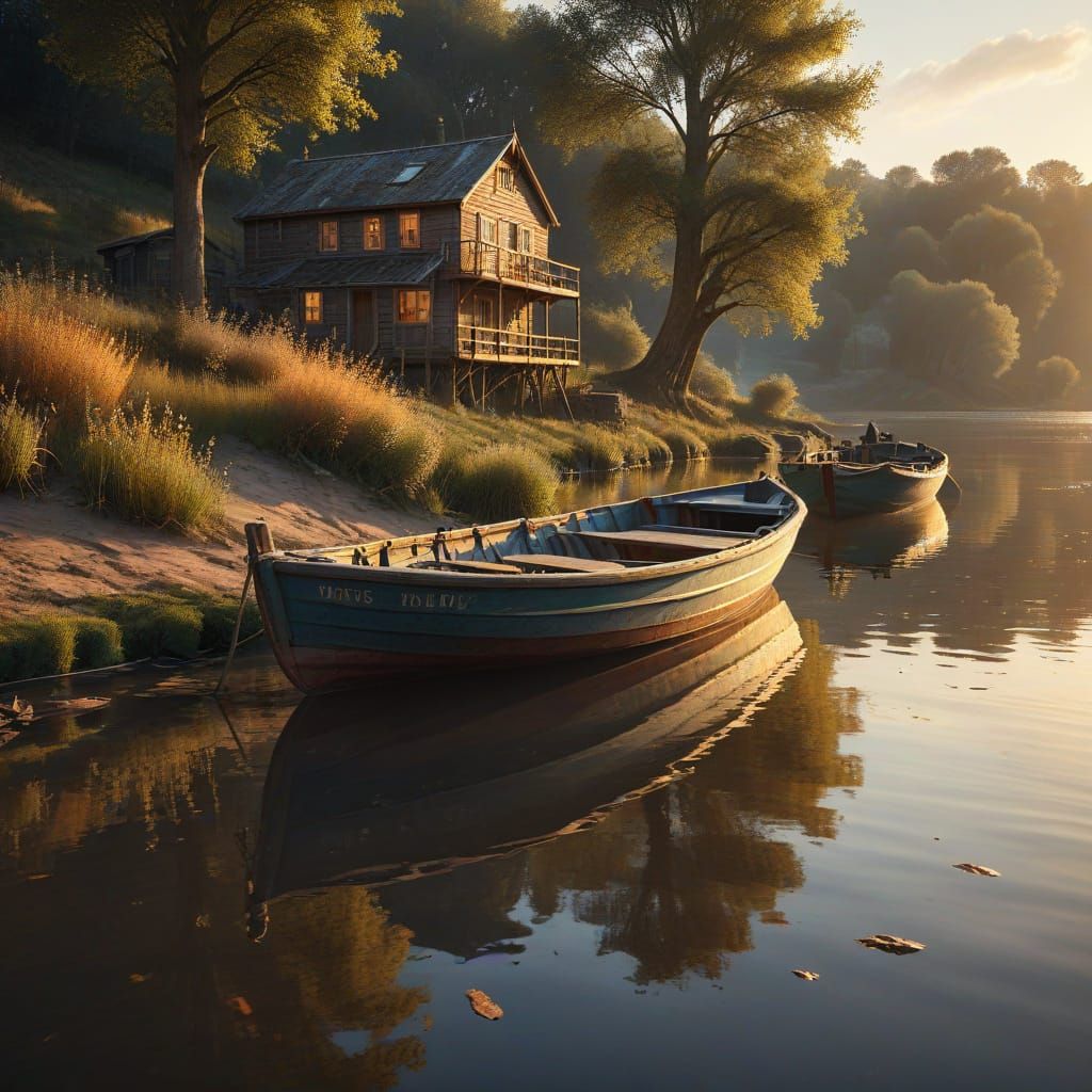 Golden Hour Riverside Scene with Wooden Boats and Fishing Ca...