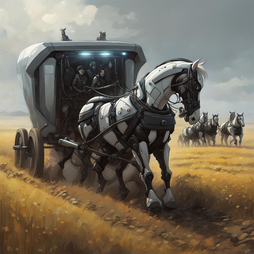 A robotic draft horse team plowing a field in a futuristic setting