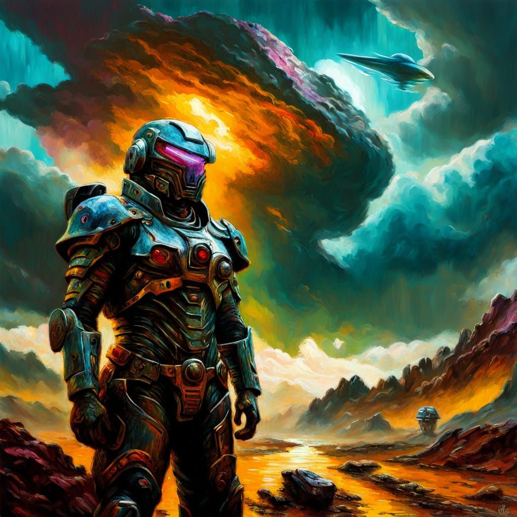 Sci-fi Hero under Stormy Skies, Retro Fantasy Art, in Shuji Terayama, Greg Rudkowski Style