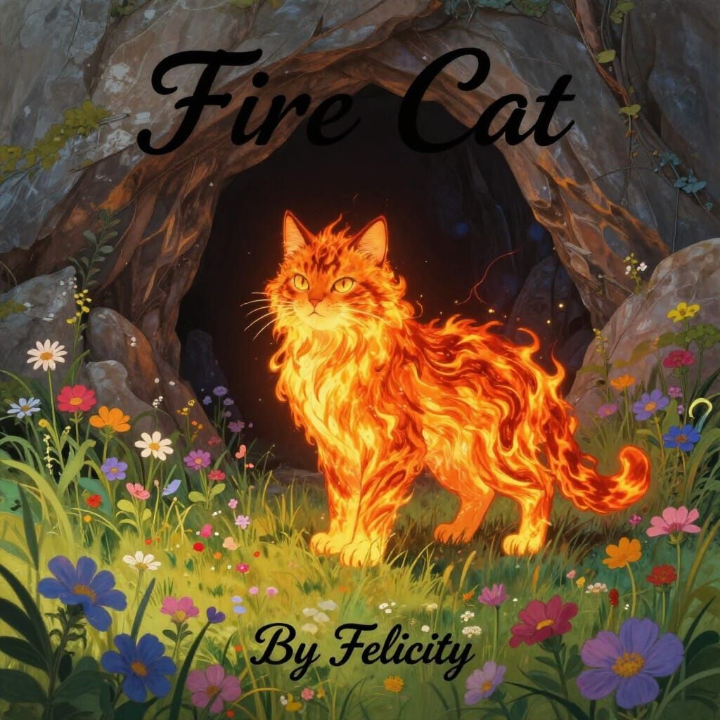 Fiery Cat Guardian in Floral Meadow Fantasy Art