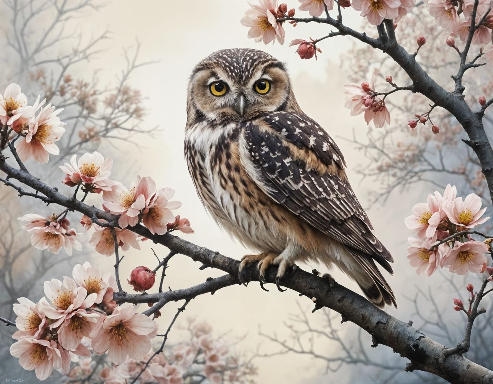 Intricate Silhouette of a Little Owl in Vibrant Blossoms