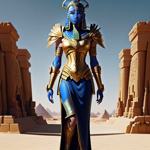 Ancient Egyptian Warrior in Golden Armor Stands Heroically i...