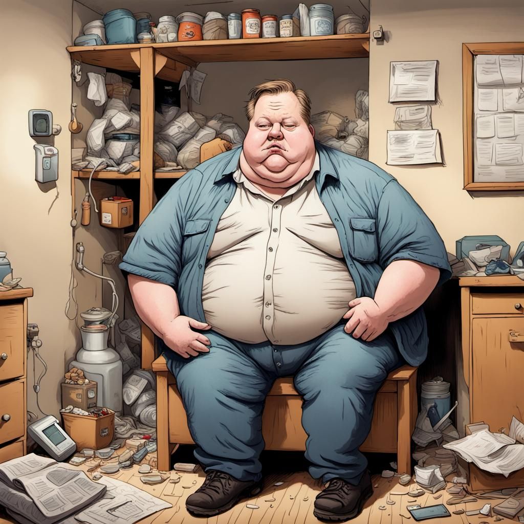 Caricature of Overweight Internet Admin in Basement