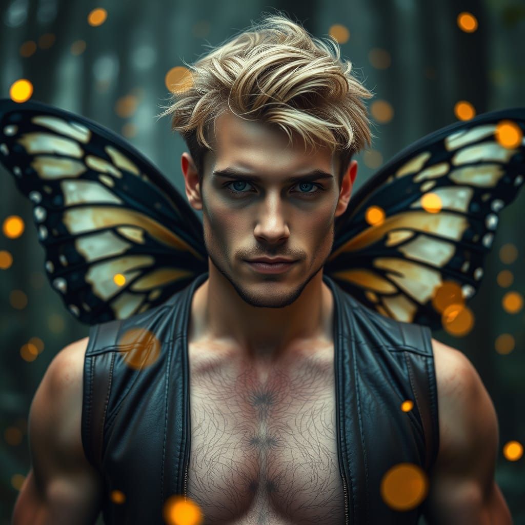Man with Butterfly Wings in Enchanted Forest