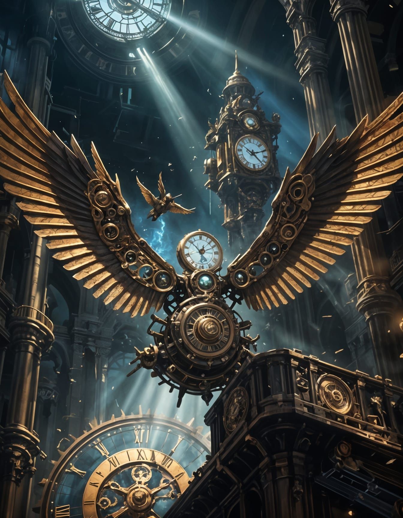 Flying Steampunk Clock with Mechanical Wings