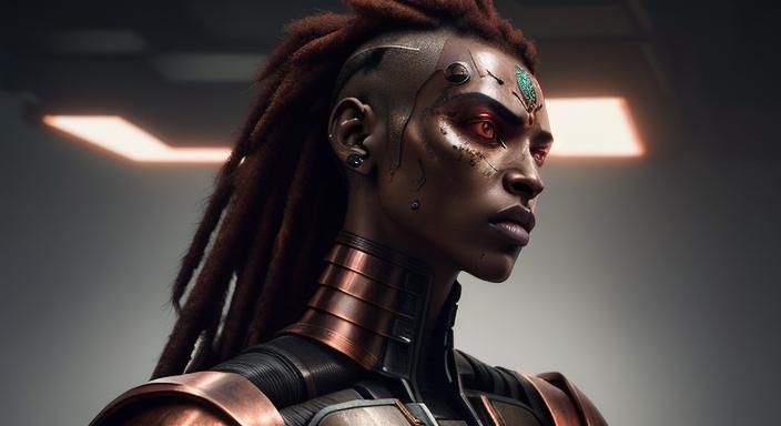 Afrofuturistic Cyborg Warrior in High-Contrast Cityscape