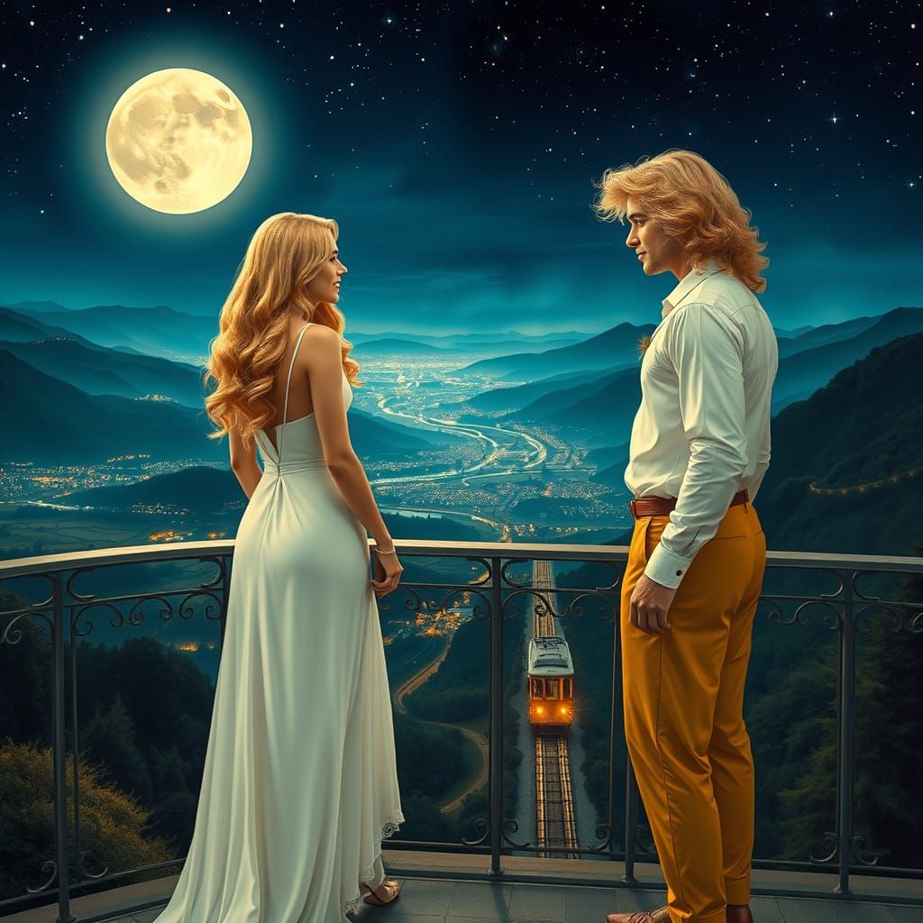 Romantic Moonlit Couple Strolls City Balcony in Elegant Styl...