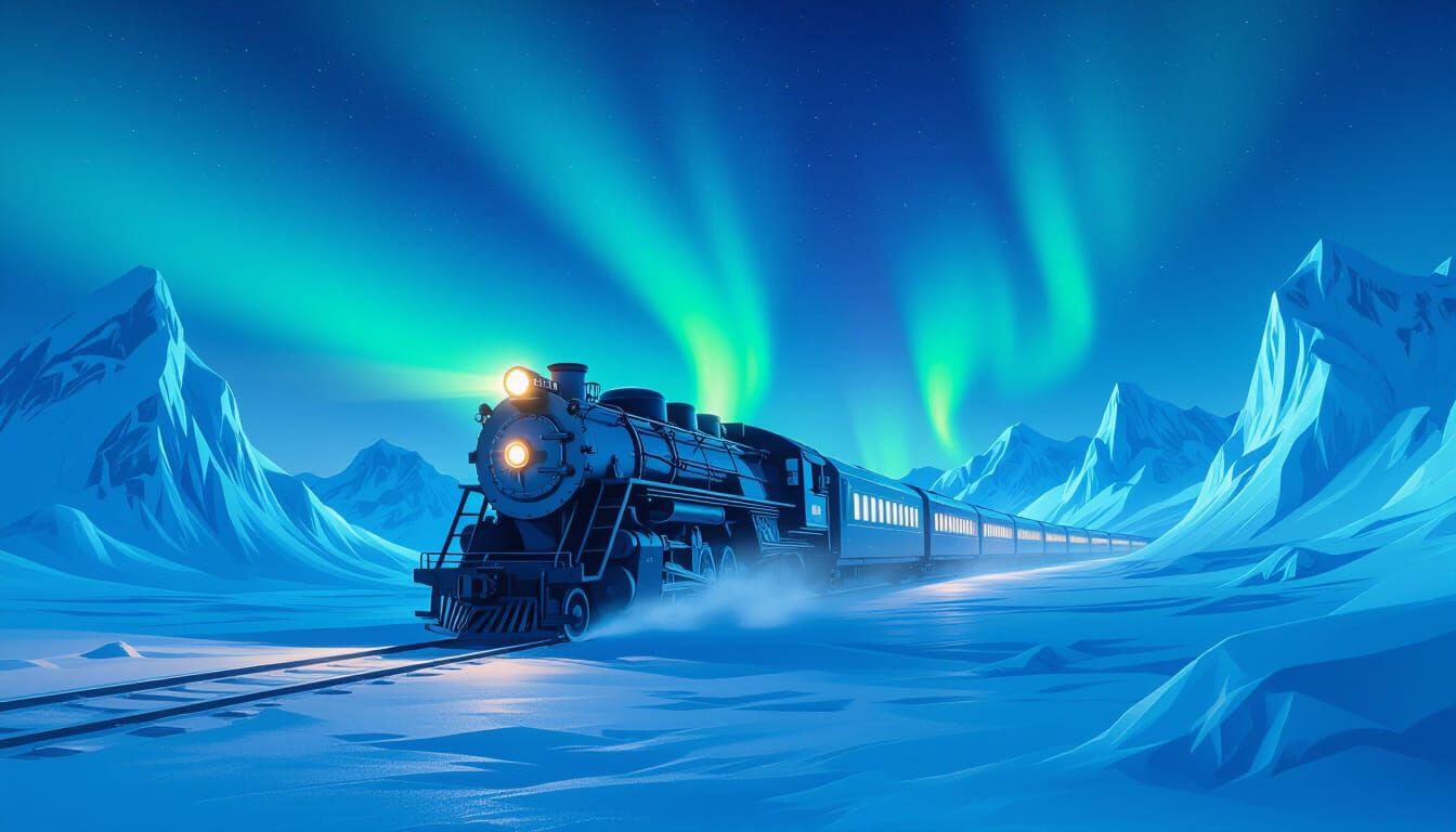 Retro Arctic Train Under Vibrant Aurora Borealis