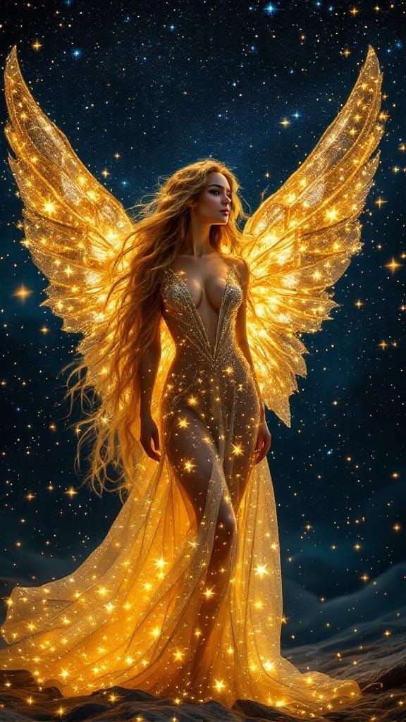 Surreal Goddess with Golden Hair and Wings in Starry Night S...