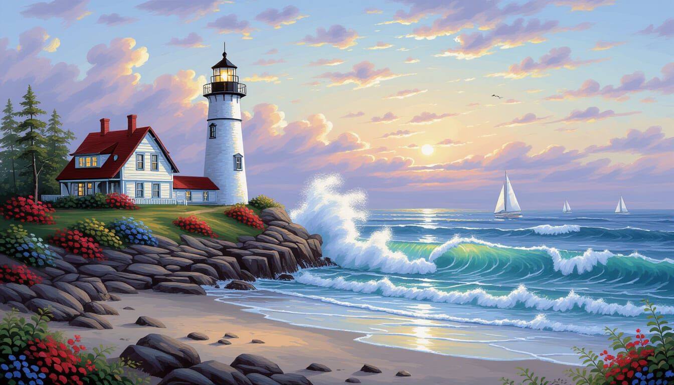 Idyllic Beach with Lighthouse in Luminist Style