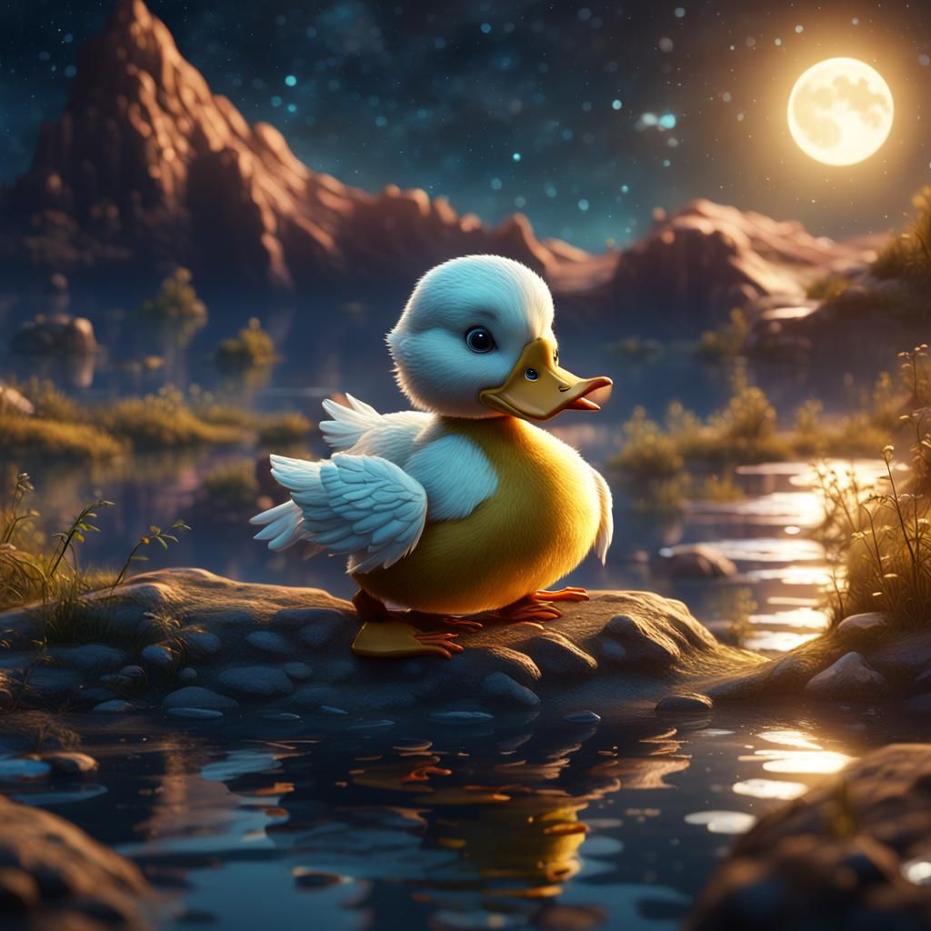 Cute Duck Fishing Stars on the Moon