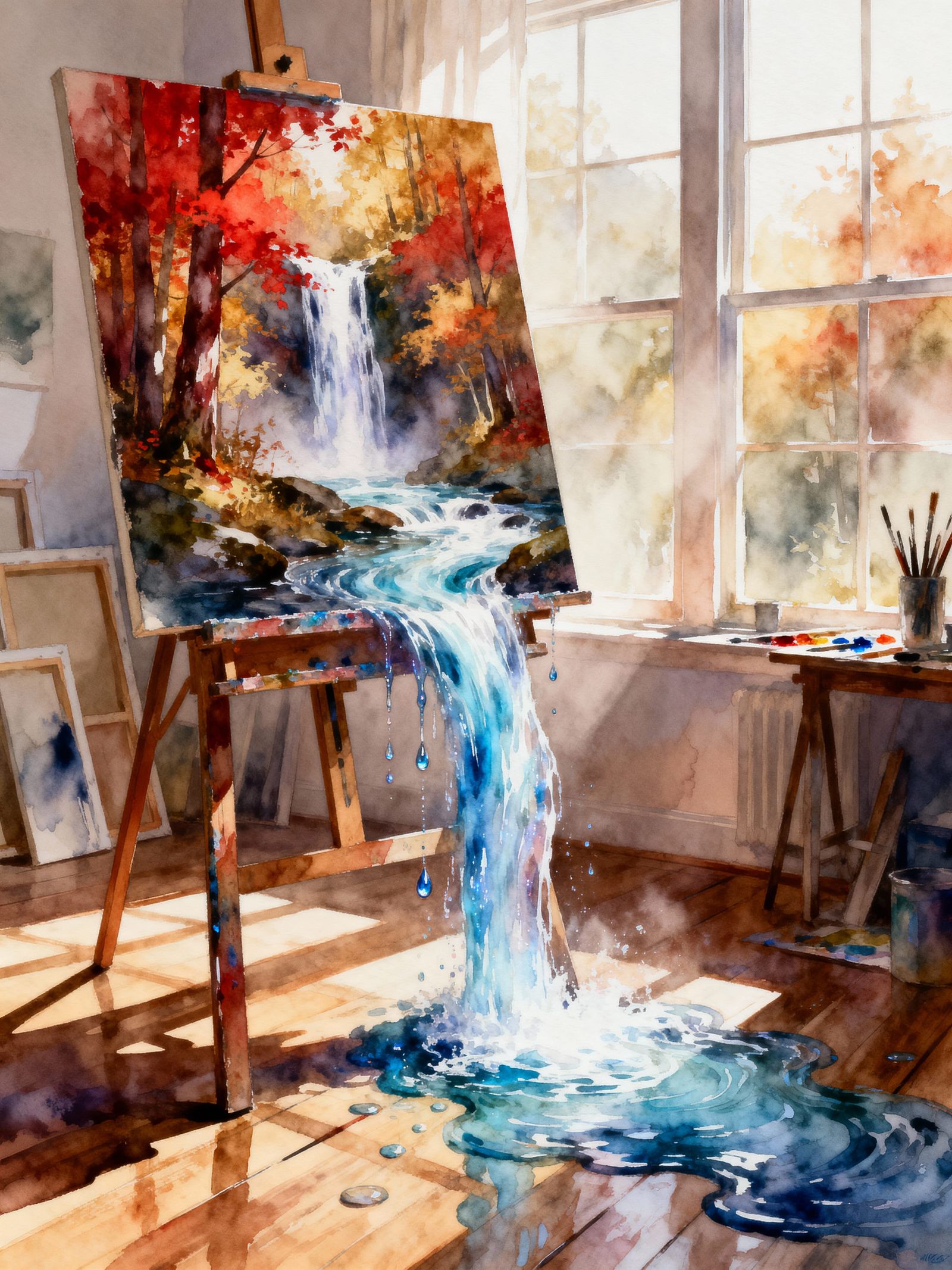 Magical Autumn Forest Painting Flows Onto Studio Floor