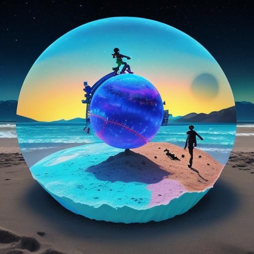 Aliens Playing Baseball on Beach, Astral Illustration
