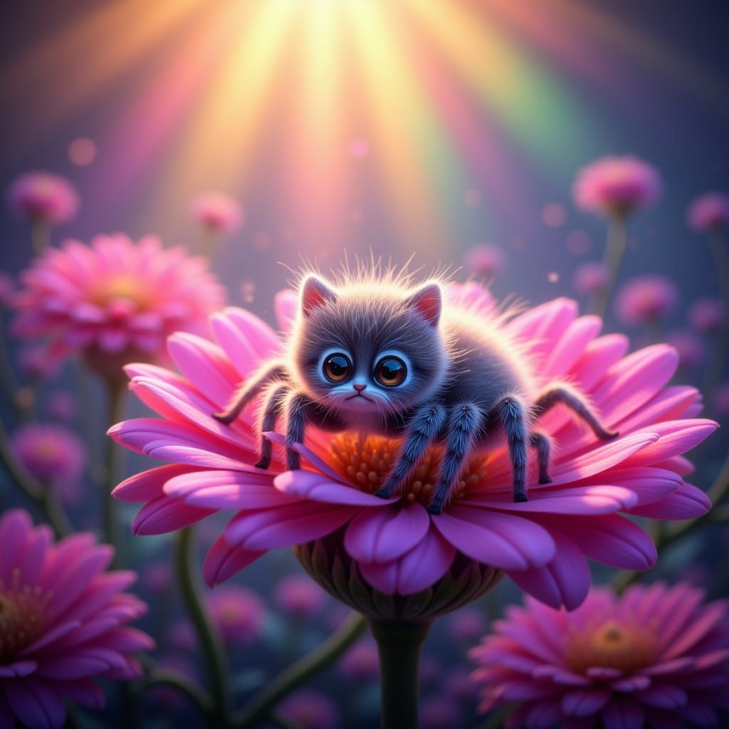 Cute Fluffy Kitten Spider on Flower in Pixar Style
