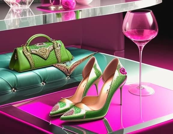Elegant Lime Fuchsia Leather Handbag & Heels
