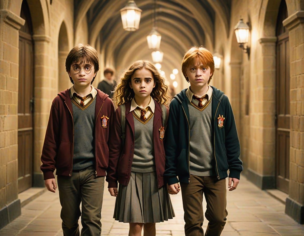 Harry Potter Trio as Young Wizards in Whimsical Hogwarts Cor...