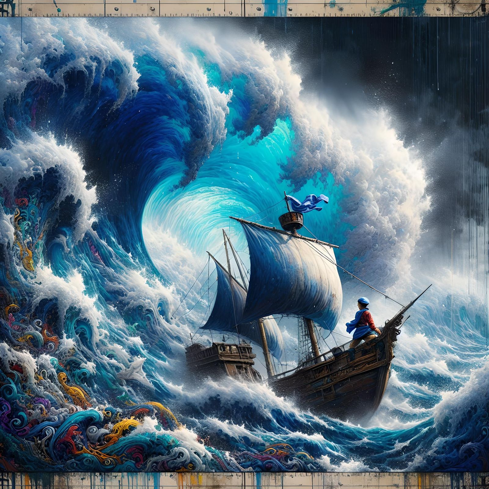 Boy Captain Navigates Storm: Sea Painting Meets Street Art