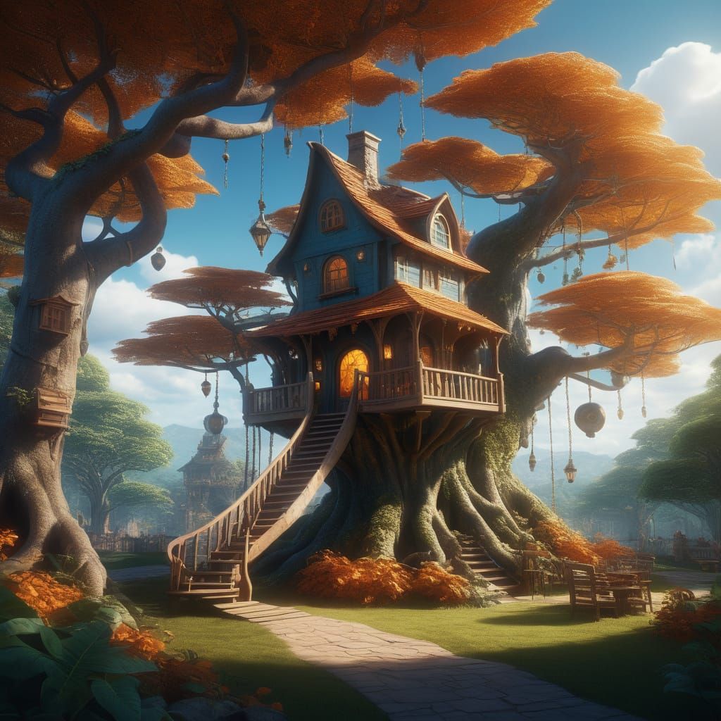 Whimsical Fantasy Treehouse Scene in Vibrant Colors