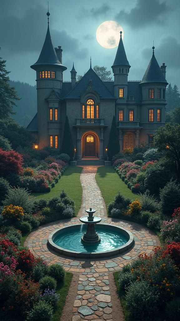 Moonlit Manor with Gothic Arches and Gardens
