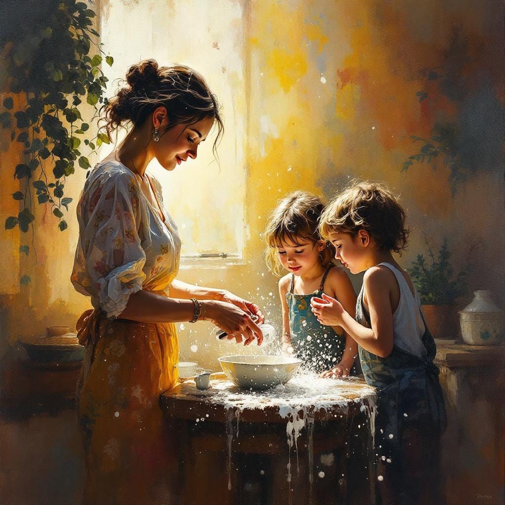 Impressionist Gouache Style: Mother and Children