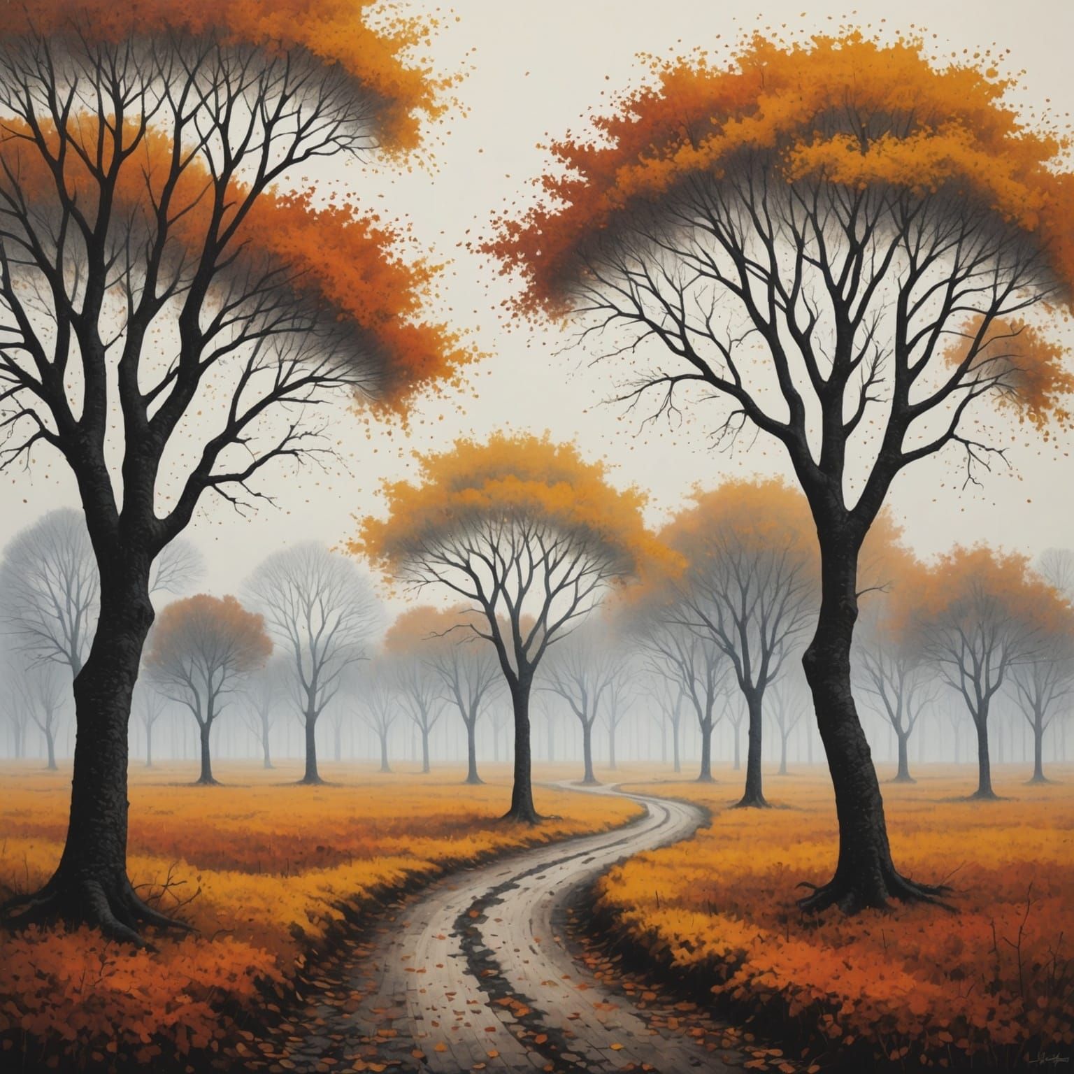 Melancholic Autumn Landscape in Pointillism Style