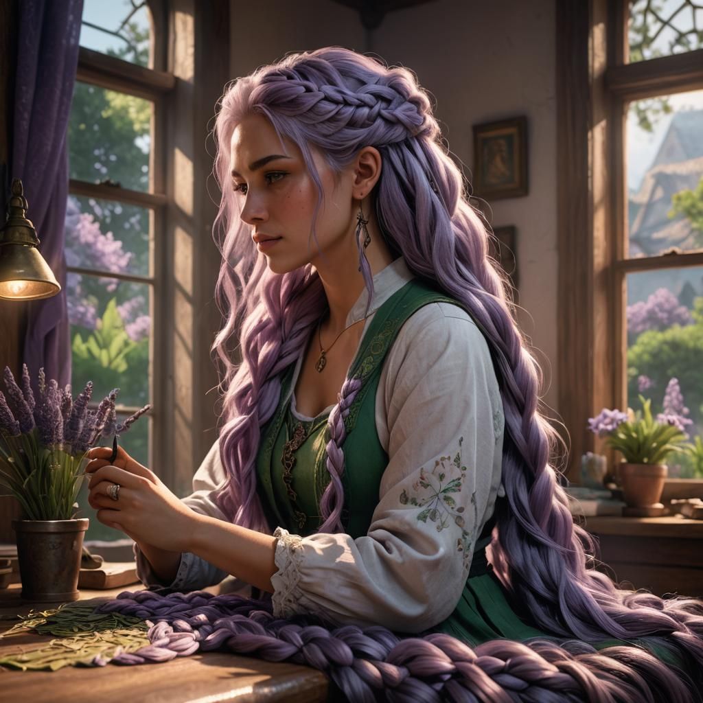 Girl Braiding Lavender Hair in Fantasy Bedroom