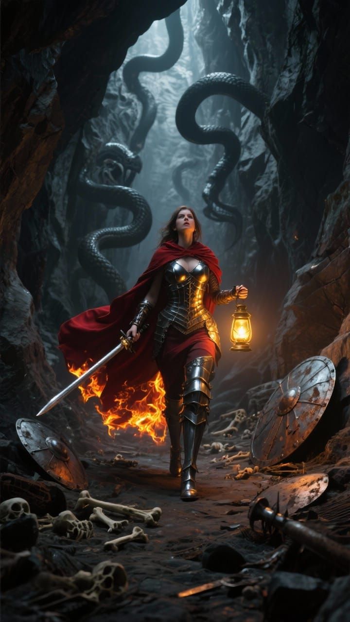 Warrior Woman in Fiery Cavern, Golden Lantern Light