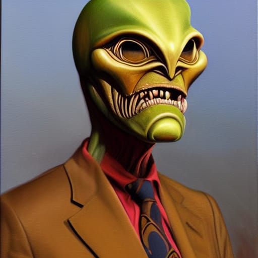 Alien Lawyer in Courtroom, Oil Painting Style