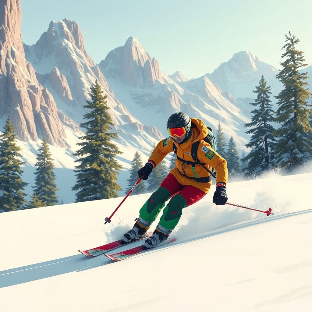 Skier on Snowy Slope in Futuristic Digital Art Style