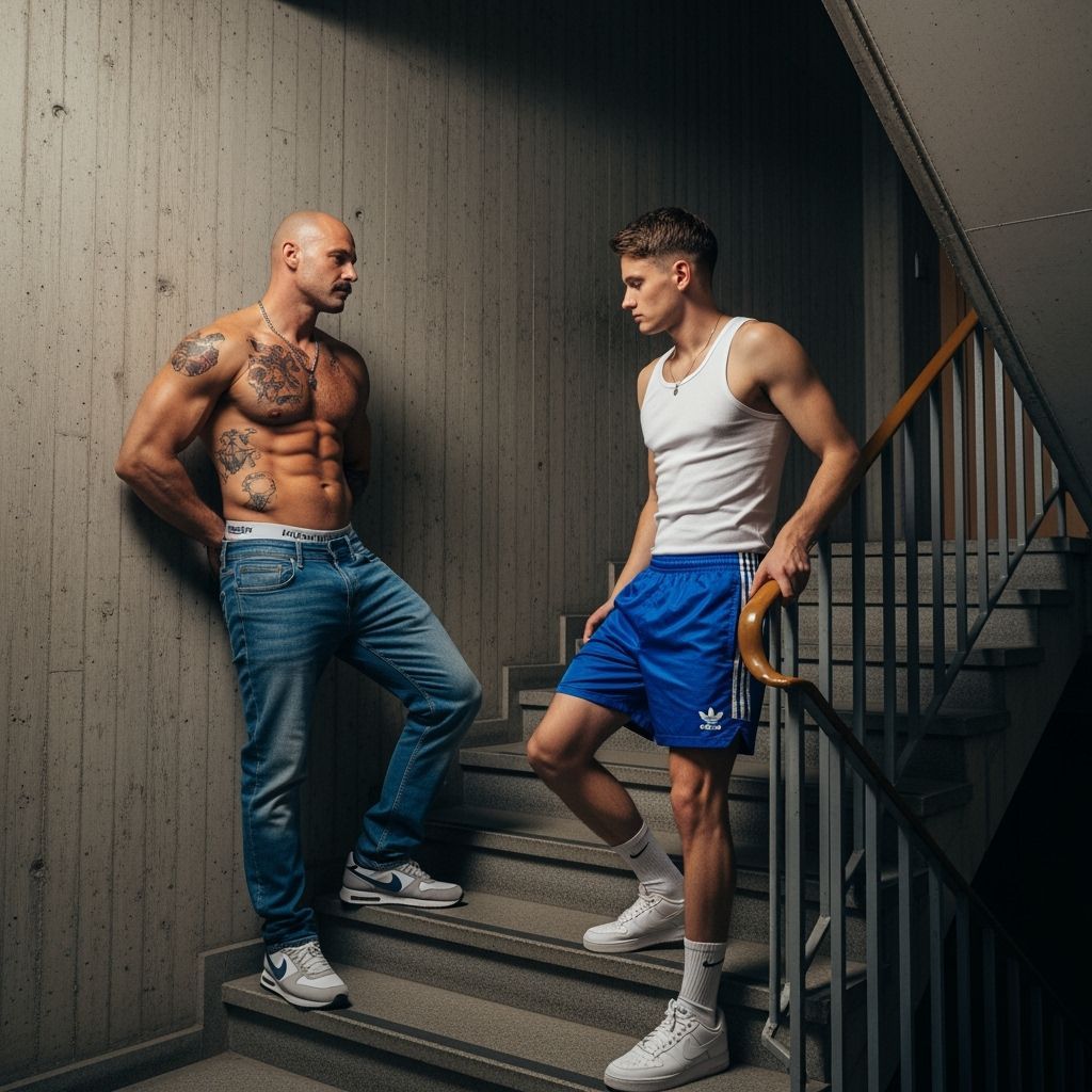 Men in Socialist Brutalist Stairwell