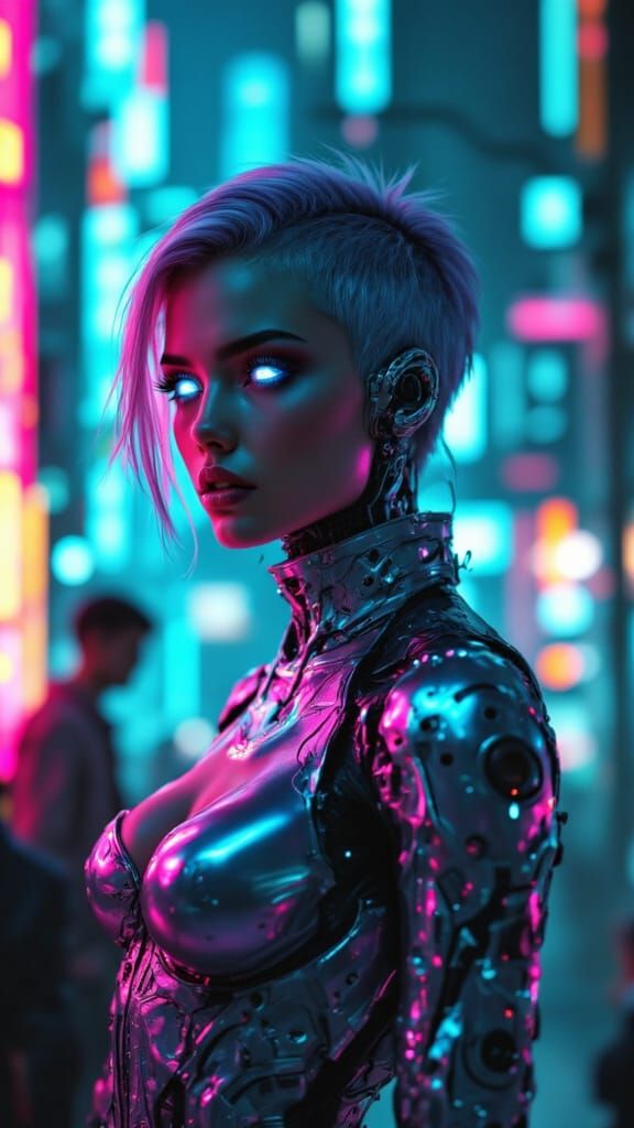 Android Woman in Cyberpunk Cityscape