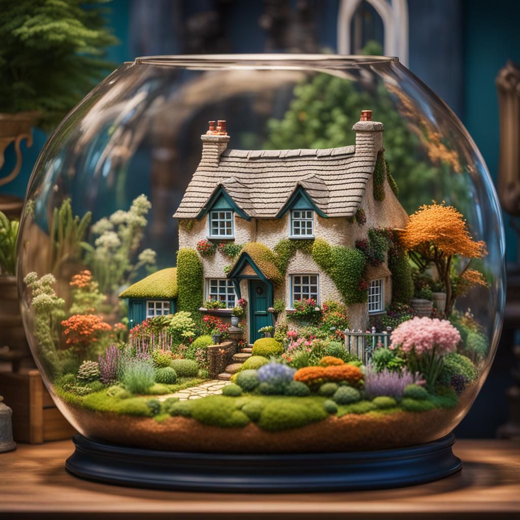 English Cottage Garden Inside Glass Terrarium: Hyperrealisti...