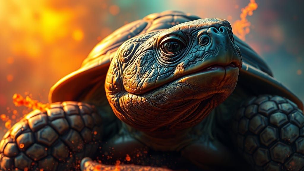 Realistic Tortoise Tank Splash Art in Warm, Golden Light