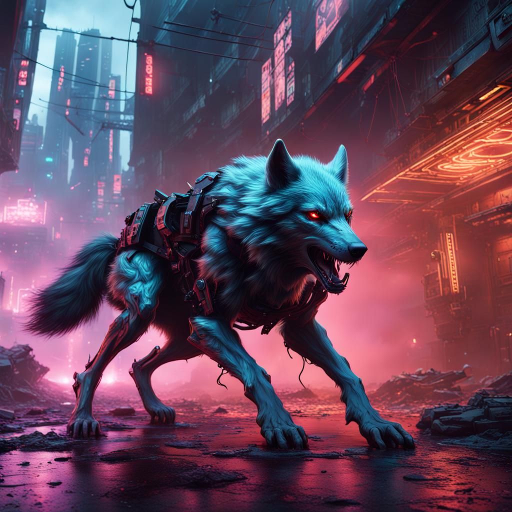 Cyberpunk Wolf Fight in Detailed Matte Painting