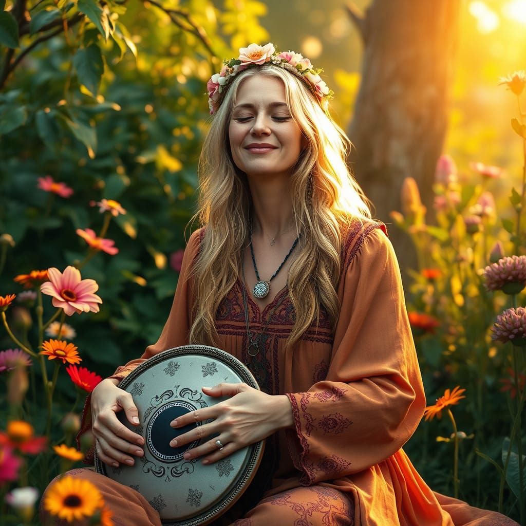 Serene Hippie Woman Plays Handpan in Dreamlike Garden