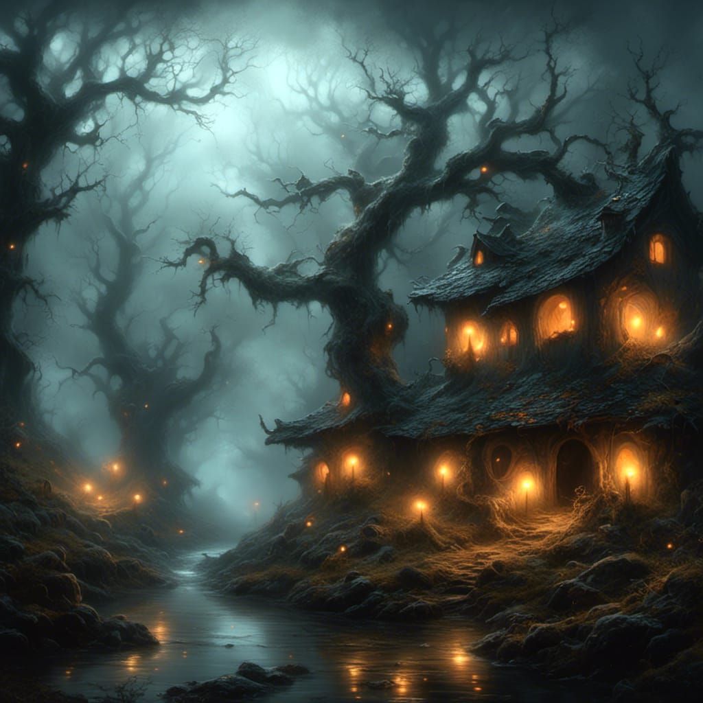 Eerie Glowing Lights in Dark Twisted Woods