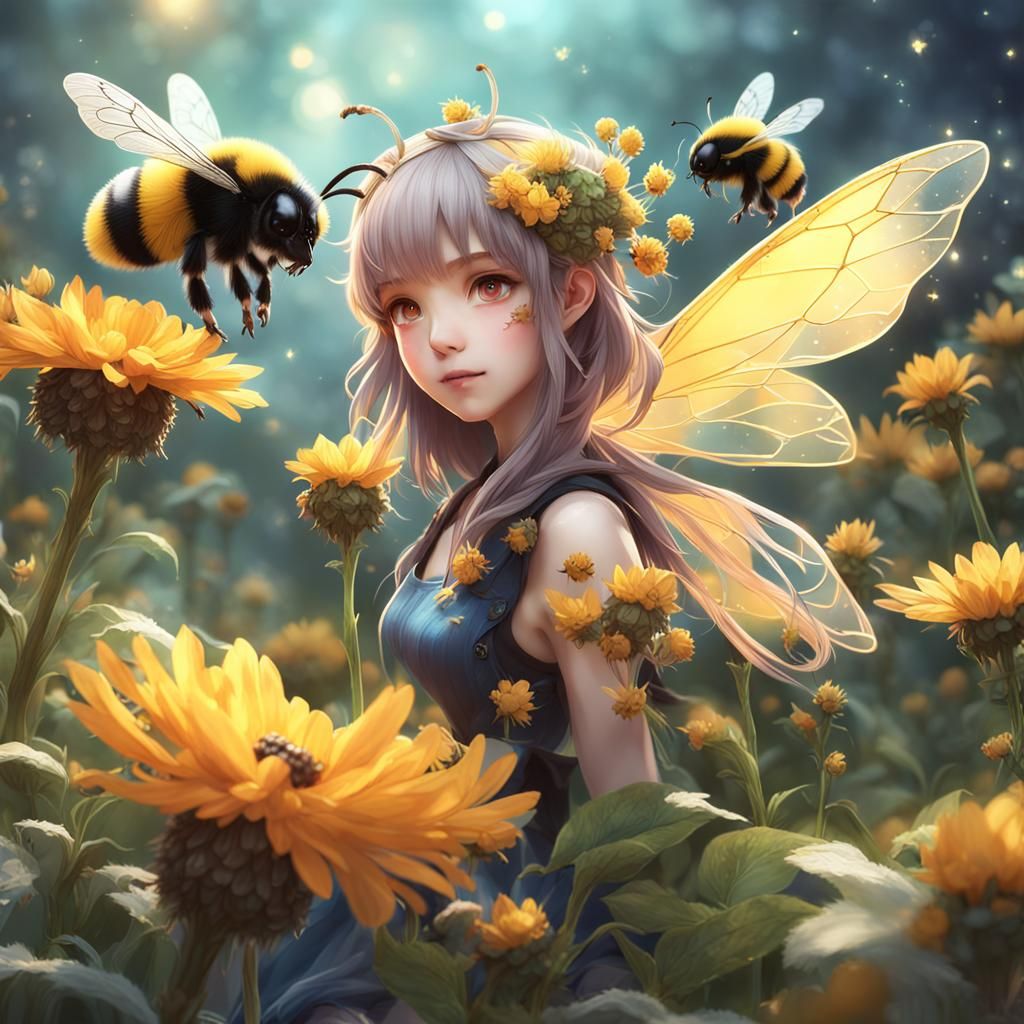 Magical Fairy and Bumble Bees in Anime Style