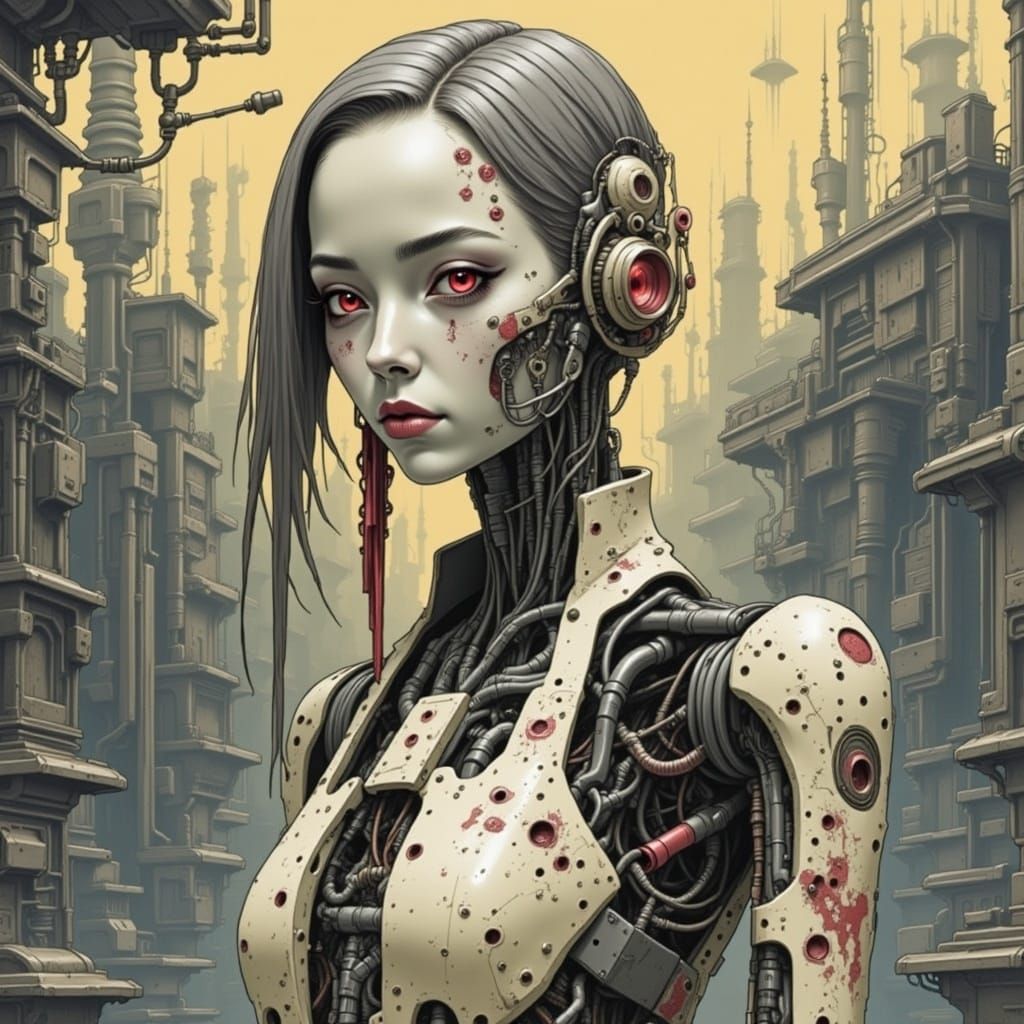 Cyberpunk Biomechanical Girl in a Necropolis, Junji Ito Insp...
