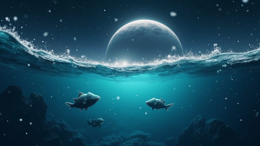 Alien Ocean Planet View with Strange Fish