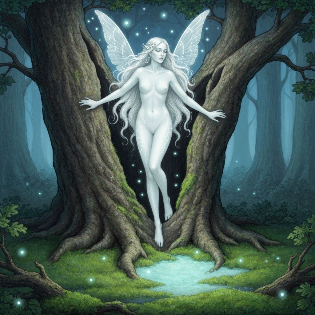 Ethereal White Dryad Emerging From Oak Tree
