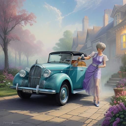 Woman Washes Car on Sunny Day in Kinkade Style