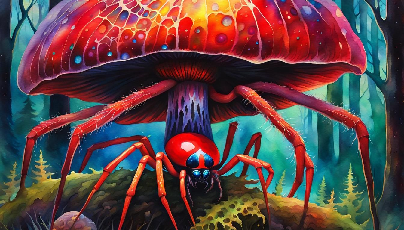 Horrific Red Spider in Surreal Watercolor Forest