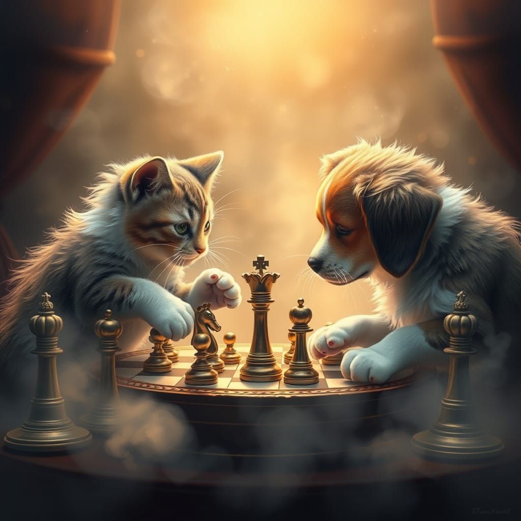 Whimsical Chess Game of a Fanciful Cat and Dog Duo