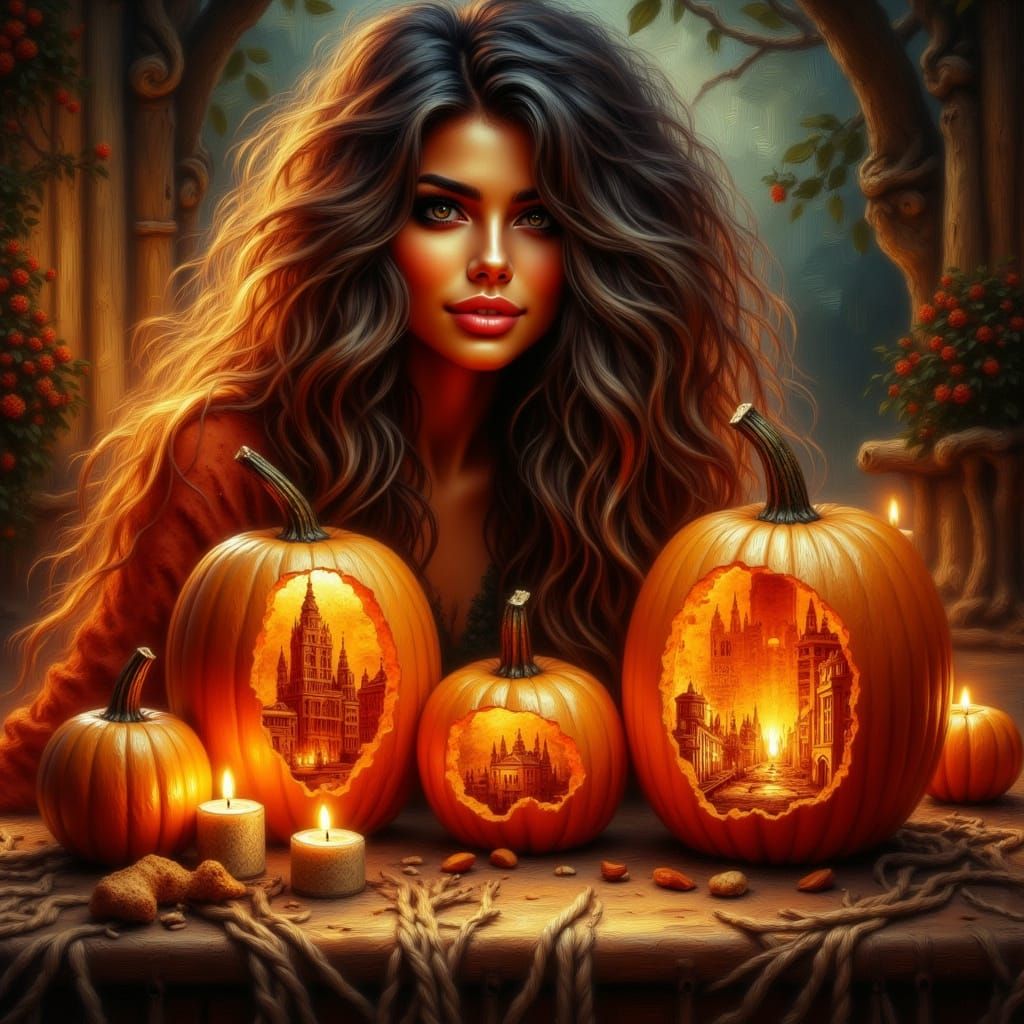 Woman with City-Filled Pumpkins Near Candles