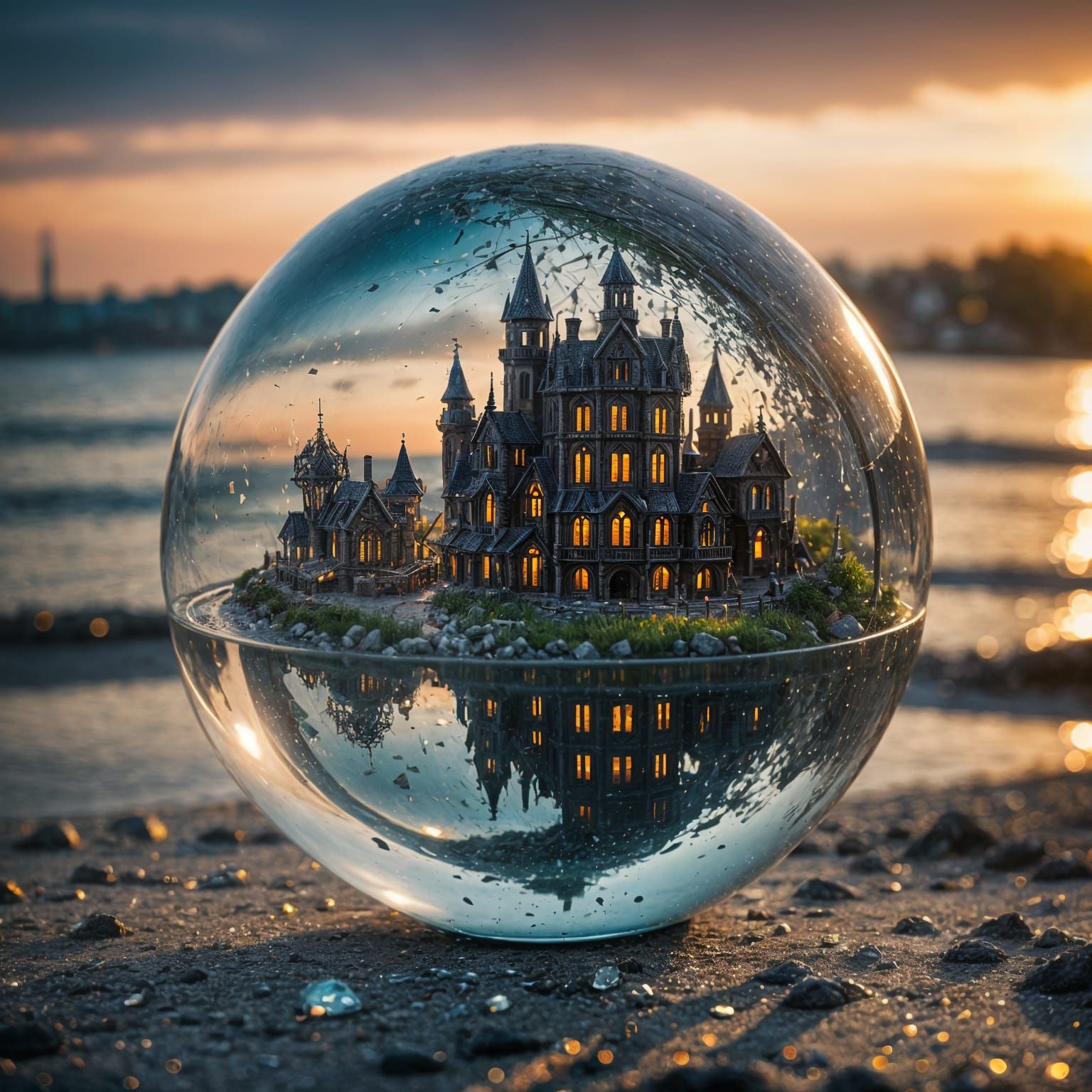 Steampunk City in Shattering Glass Globe