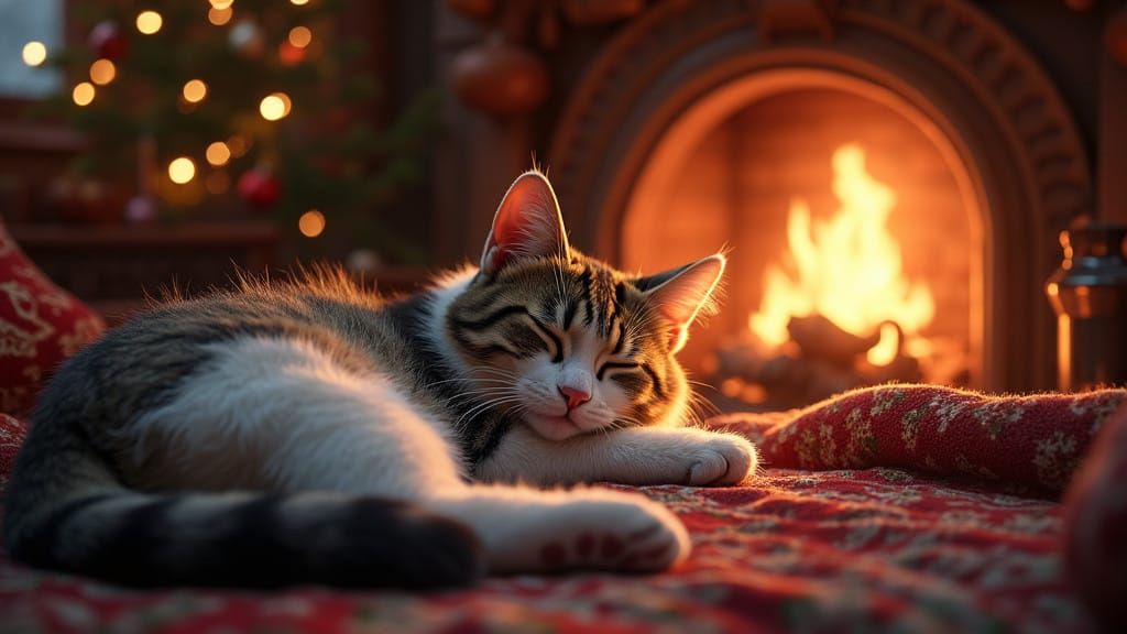 Whimsical Winter Scene with Tabby Cat and Cozy Christmas Amb...