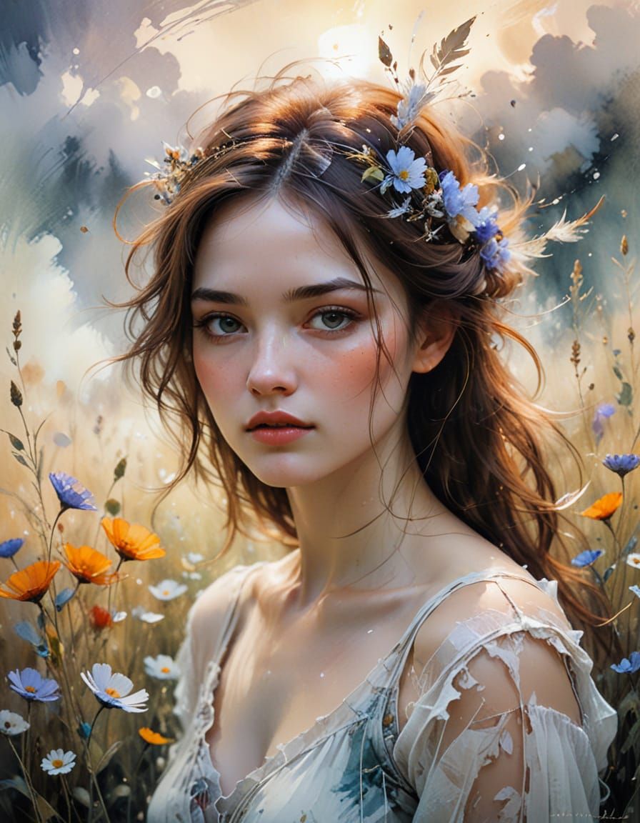 Vibrant Watercolor Girl in Sun-Kissed Meadow