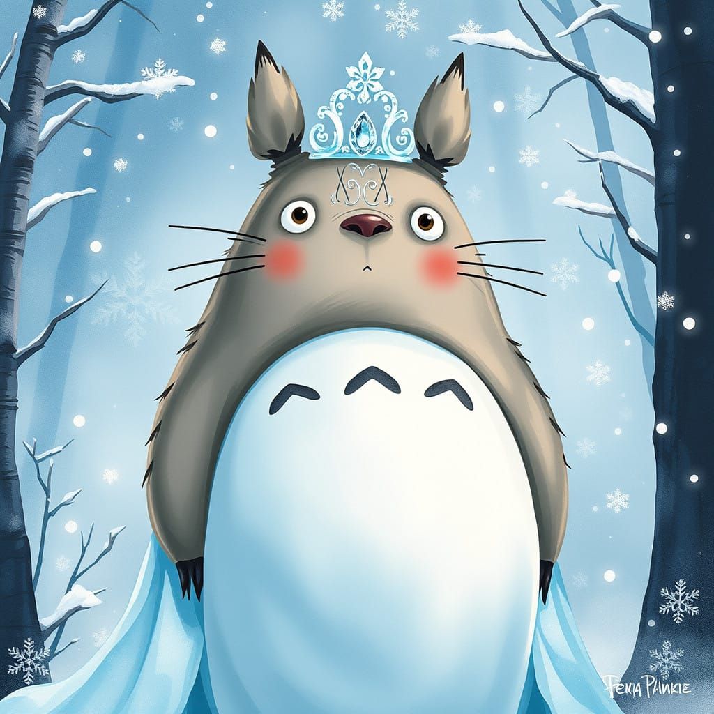 Totoro as Ice Queen in Whimsical Winter Wonderland