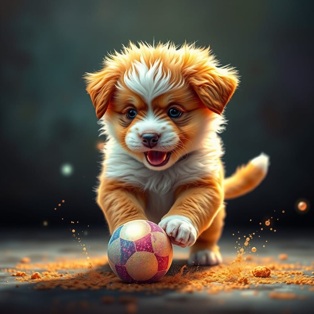 Vibrant Fluffy Puppy Plays with Glowing Ball in Dramatic Hyp...